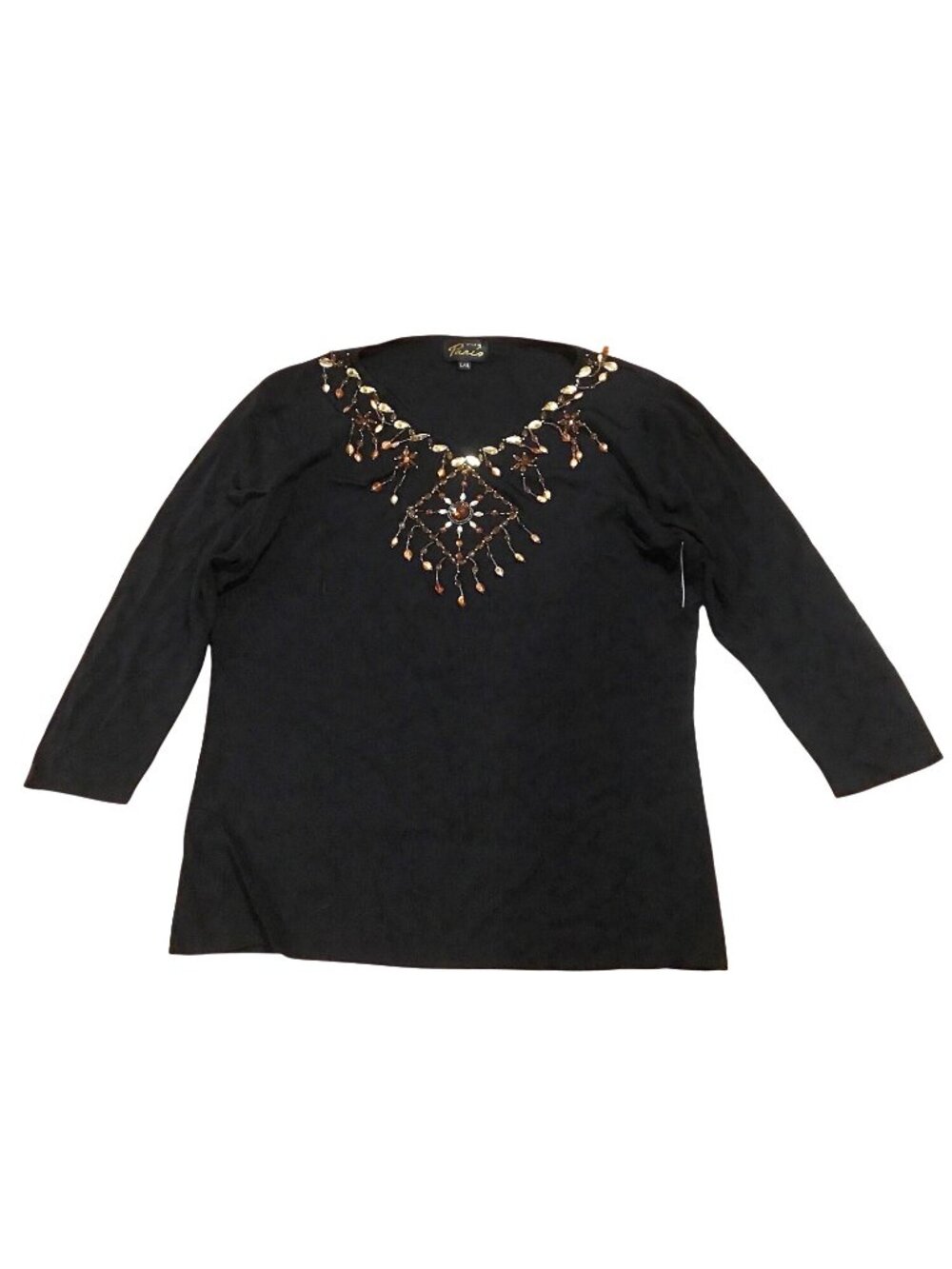 Beaded Brown Tunic Top Womens L/XL Amber & Gold Accents By Style de Paris